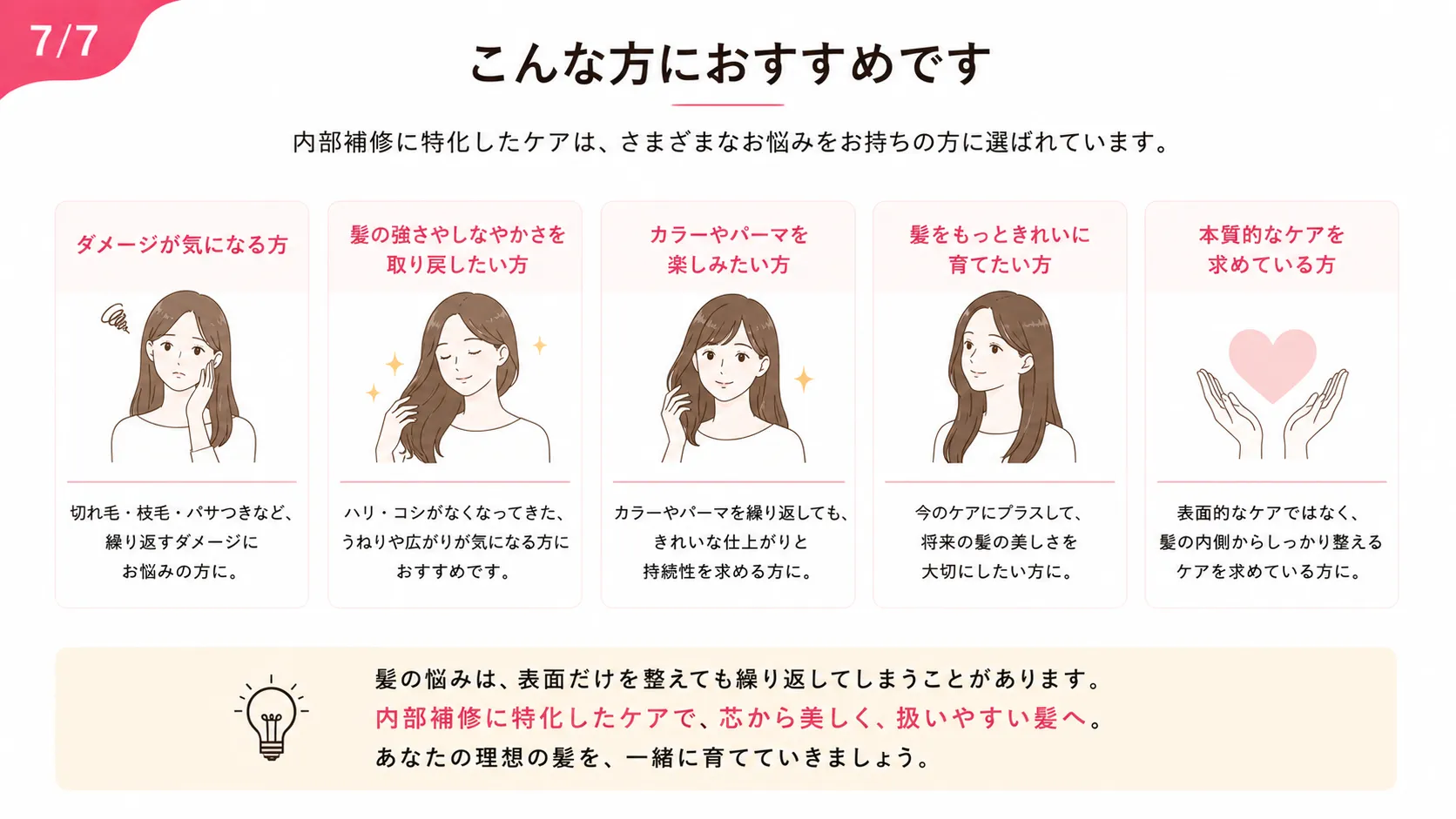 内部補修ケアはこんな方におすすめ。繰り返すダメージにお悩みの方、ハリ・コシを取り戻したい方、きれいなカラーやパーマを楽しみたい方など