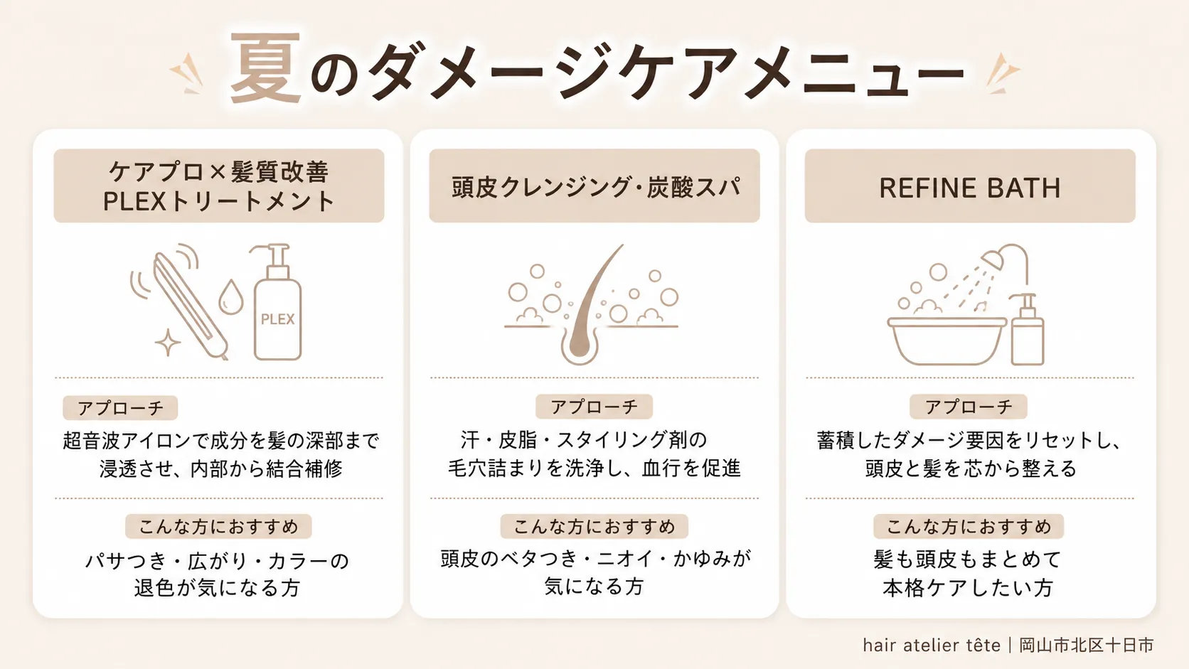 hair atelier têteの夏のダメージケアメニュー3種の比較