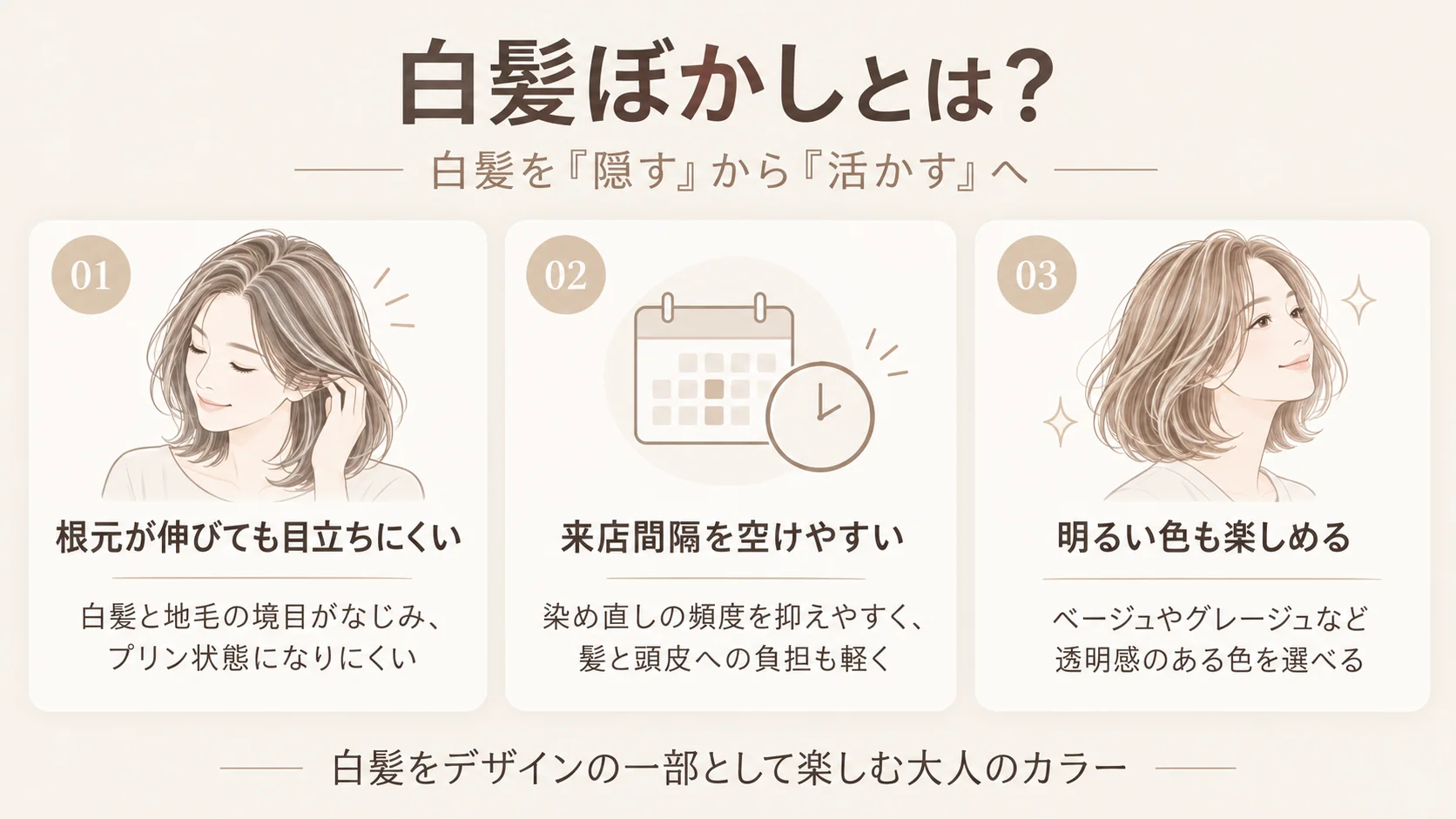白髪ぼかしの3つのメリットを解説したインフォグラフィックス